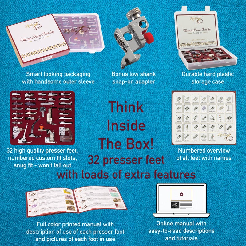 Madam Sew Presser Foot Set 32 PC Set | The ONLY Sewing Machine Presser Foot Kit with Manual & Deluxe Storage Case | Numbered Slots for Organization | Compatible with Most Brother Sewing Machine Feet - Image 2